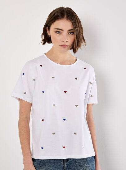 Embroidered Heart Cotton T-Shirt
