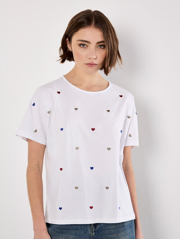 Embroidered Heart Cotton T-Shirt, White, large