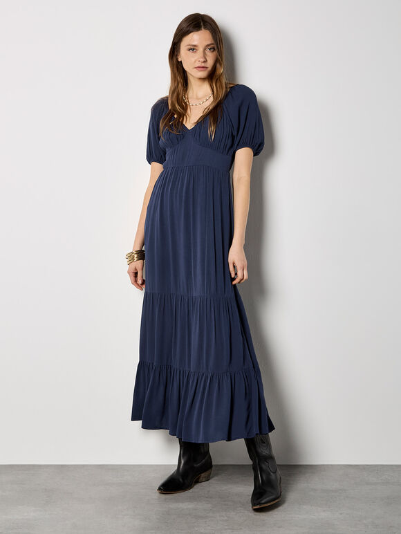 Crinkle Tiered Maxi Dress, Navy, large