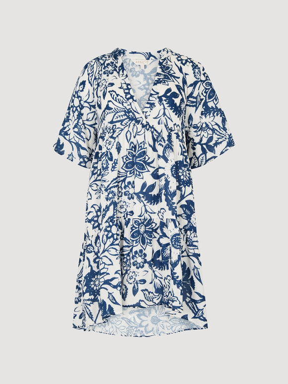 Floral Cotton Mini Dress, Blue, large