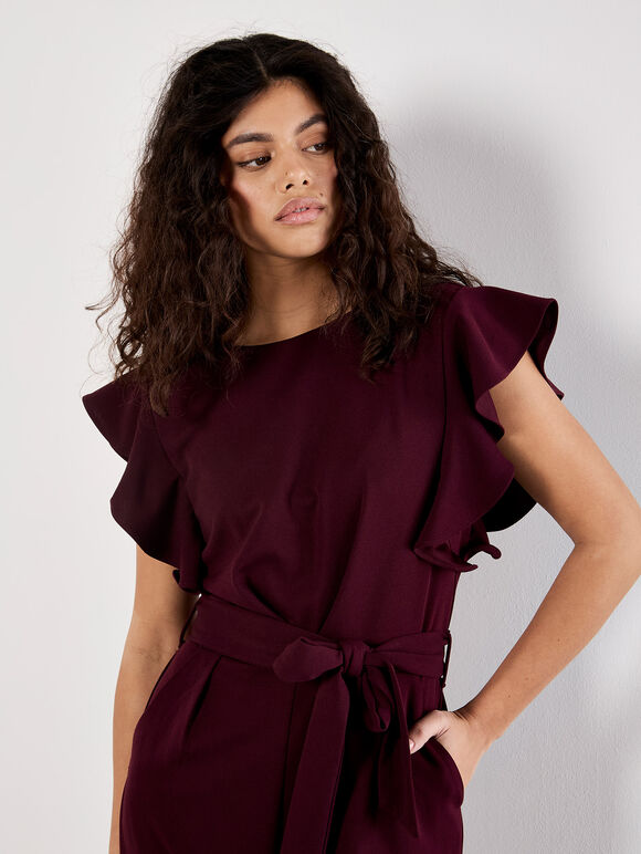 Ruffle Sleeve Jersey Jumpsuit, Burgundy, large