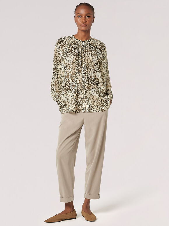 Floral Silhouette Chiffon Blouse, Khaki, large