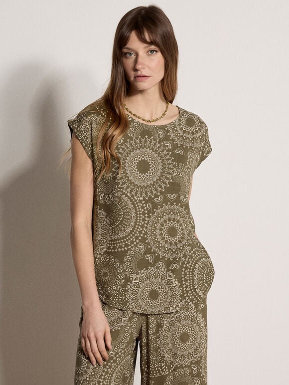 Kaleidoscope Print Woven T-Shirt, Khaki, large