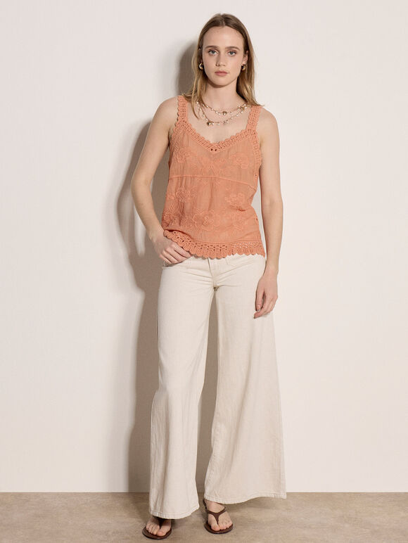 Floral Embroidery Crochet Cotton Top, Peach, large