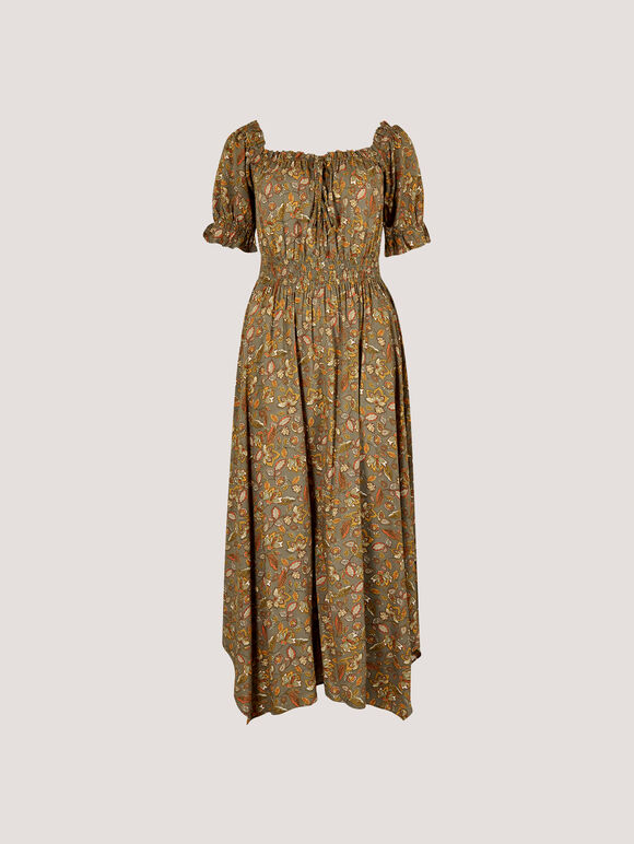 Sarasa Floral Milkmaid Midi Dress, Khaki, large
