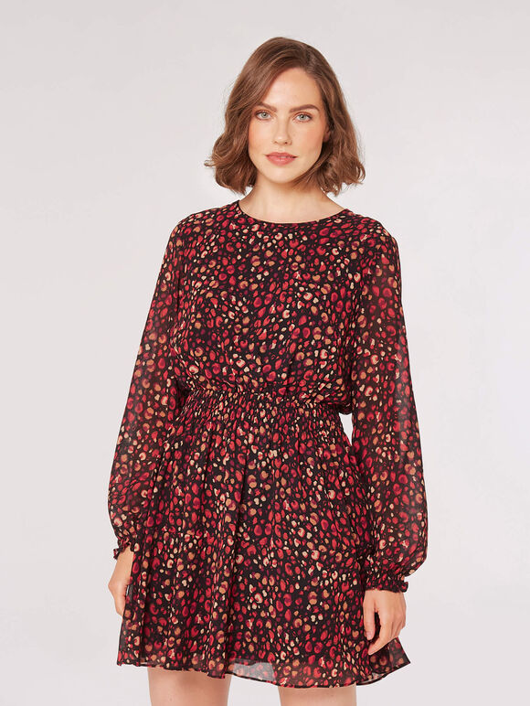 Animal Print Chiffon Mini Dress, Burgundy, large
