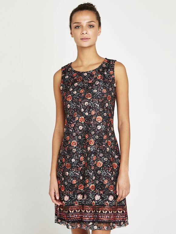Floral Spring Lace Shift Dress, Black, large