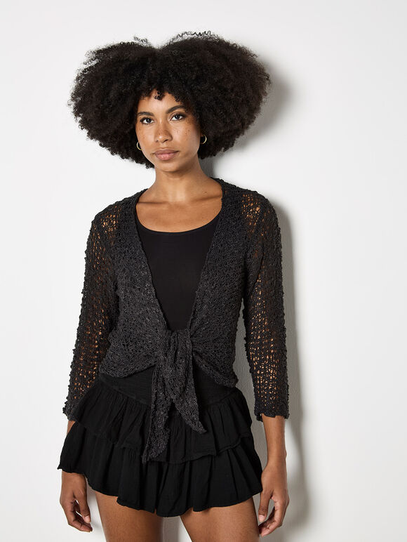 Mesh Popcorn Knit Shrug, Dark Grey - Charcoal, large