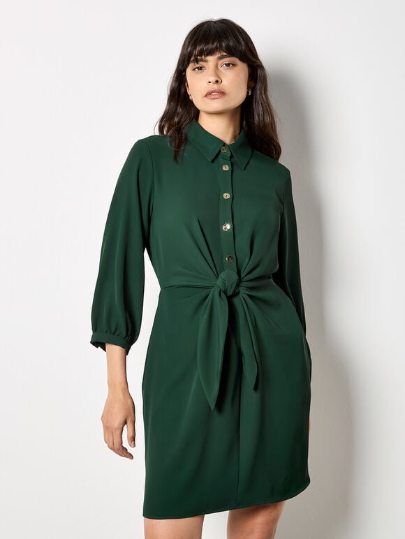 Tie Front Shirt Mini Dress, Green, large