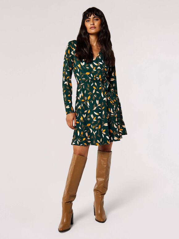Silhouette Leaf Wrap Mini Dress, Green, large