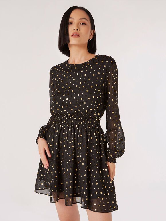 Gold Foil Spot Dress, Black, large