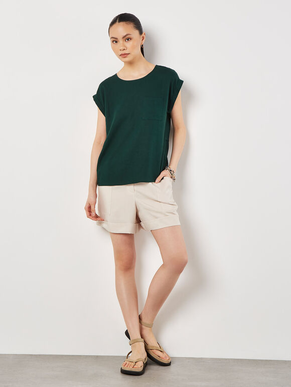 Linen Blend Split Back Oversized Top, Green, large