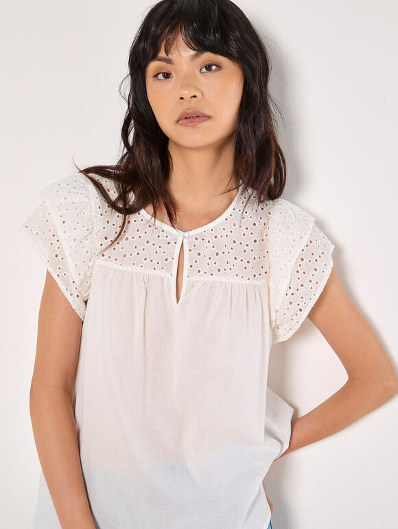 Broderie Yoke Cotton Top, White, large