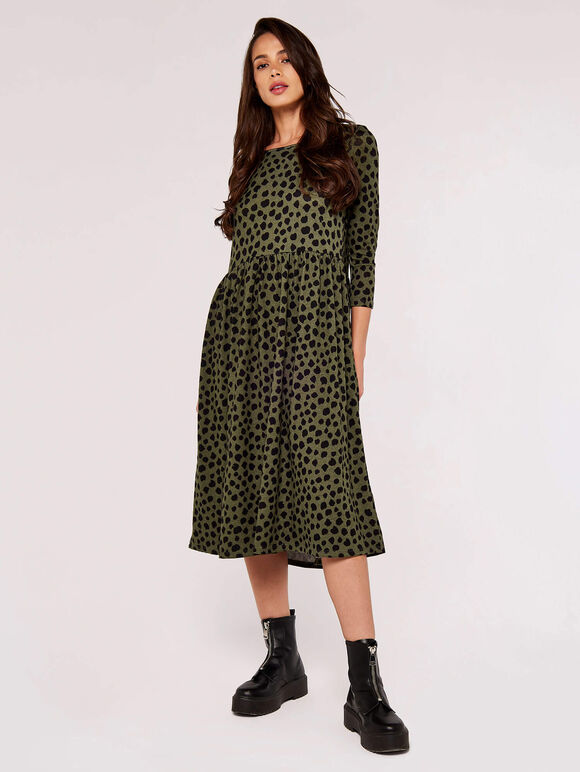 Painterly Dot Midi Dress, Khaki, large