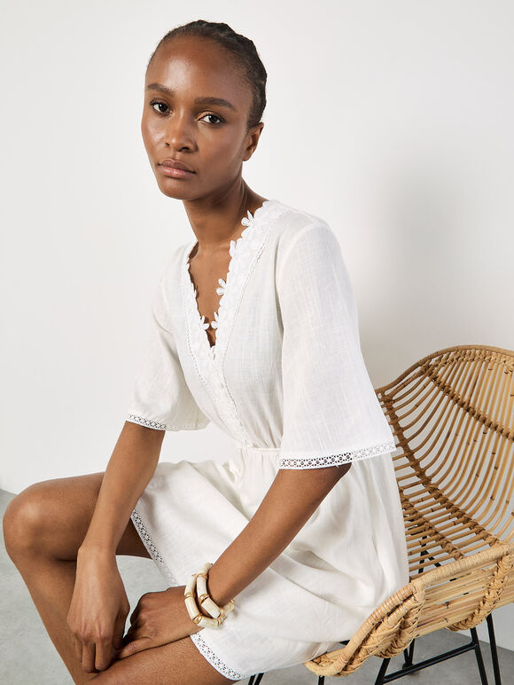 Daisy Lace Front Mini Dress, White, large