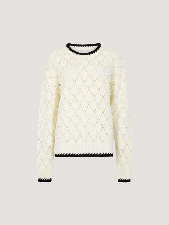 Pointelle Knit Blanket Stitch Jumper, White, large