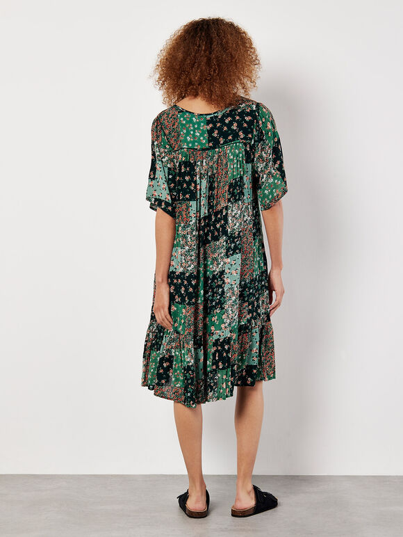 Patchwork Print Crinkle Mini Dress, Green, large