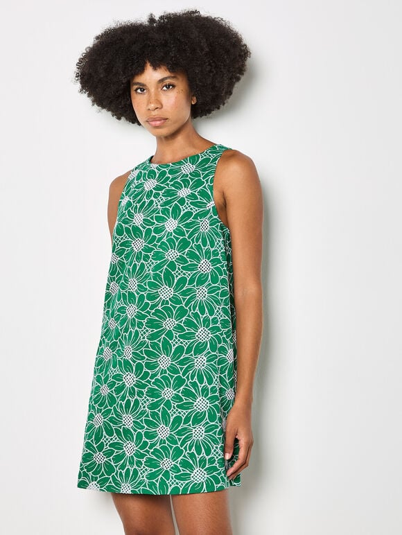 Floral Embroidered Shift Mini Dress, Green, large