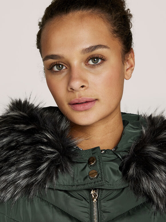 Faux Fur Hood Puffer Jacket, Green, large