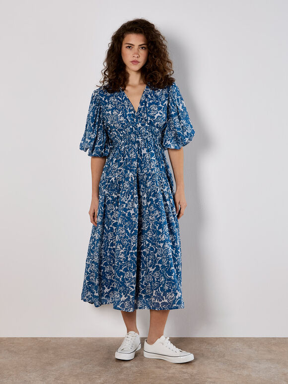 Rose Print Tiered Midi Dress, Blue, large