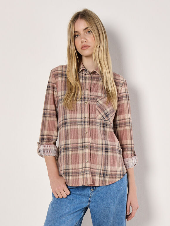 Waffle Jersey Check Shirt, Pink, large