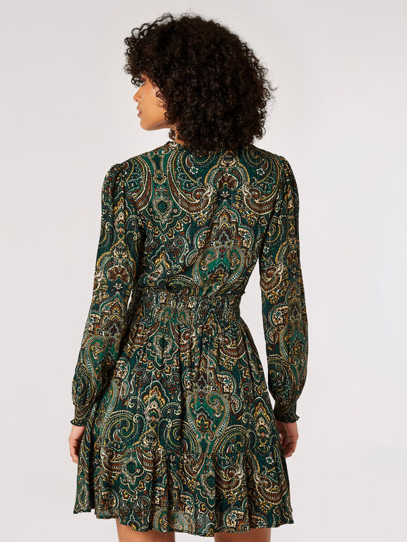 Paisley Print Ruffle Mini Dress, Green, large