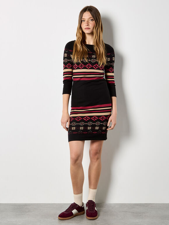 Folk Pattern Stripe Knitted Mini Dress, Black, large