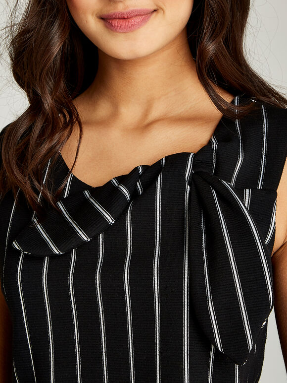 Vertical Stripe Bow Tie Neck Dress, Black, large