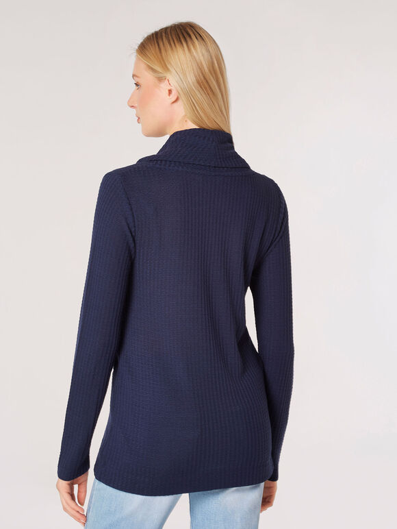 Waffle Knit Button Wrap Top, Navy, large