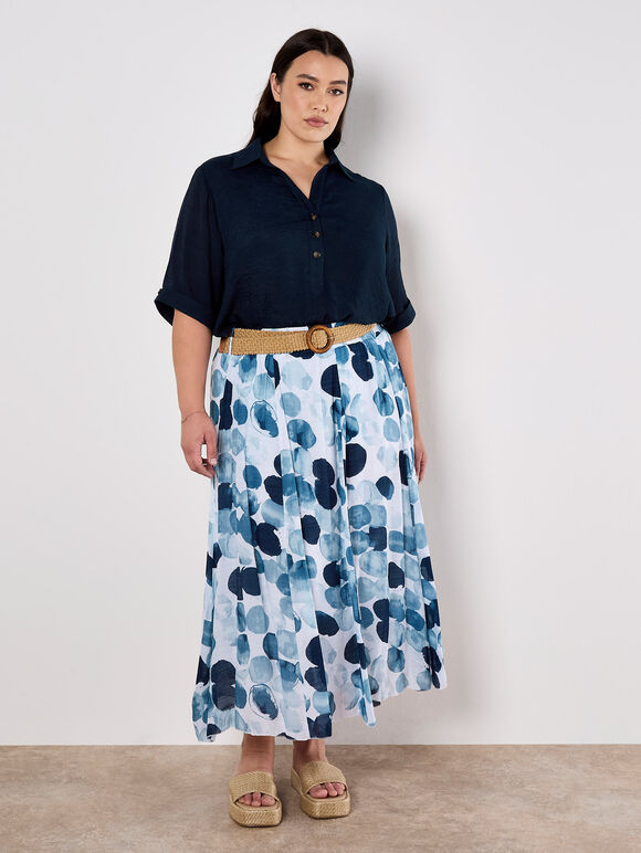 Abstract Print Slub Midi Skirt, Navy, large