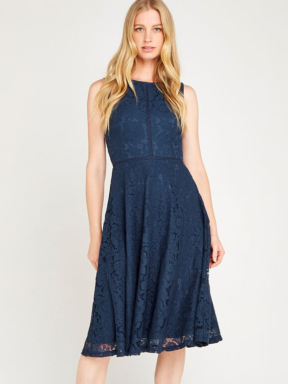 Navy Lace Layered Skater Dress, Navy, large