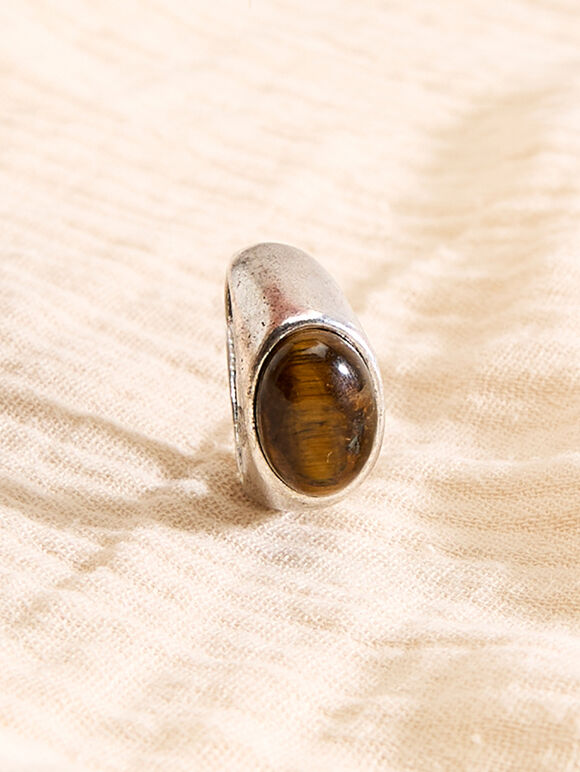 Silver Tone Brown Stone Ring, Brown, large