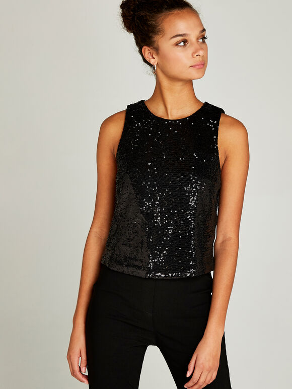 Sequin Crop Top, Black, large