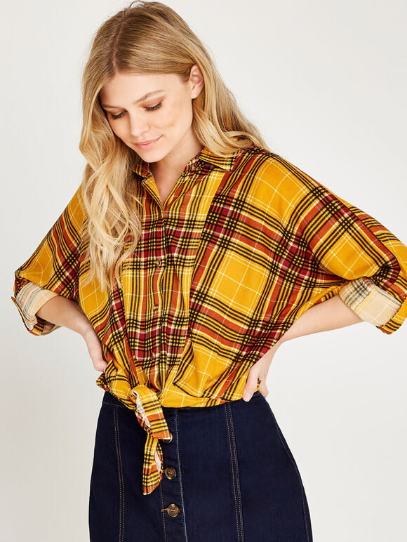 Yellow Plaid Knot Front Shirt, Mustard, large