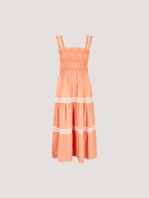 Crochet Lace Tiered Midi Dress, Coral, large