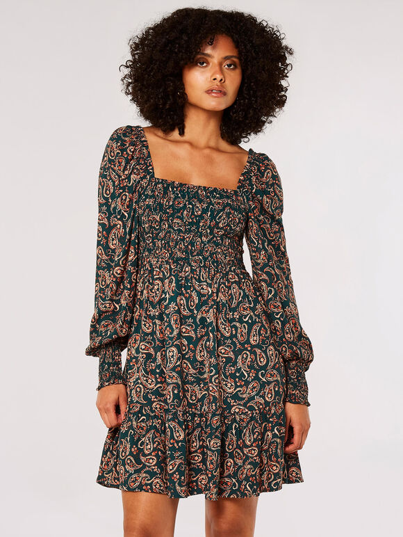 Paisley Milkmaid Mini Dress, Green, large