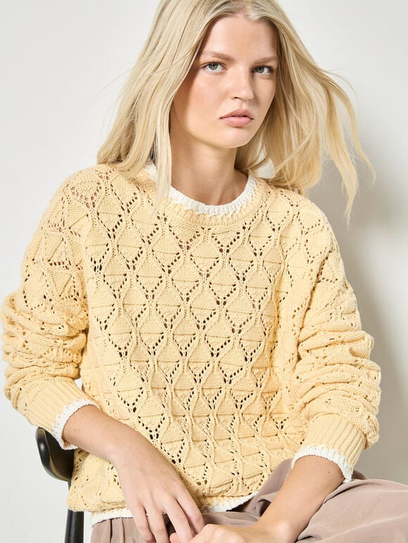 Pointelle Knit Blanket Stitch Jumper, Yellow, large