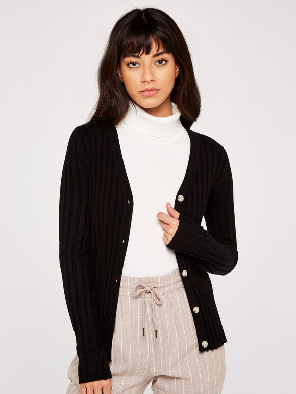 Ribbed Button Down Cardigan, Black, large