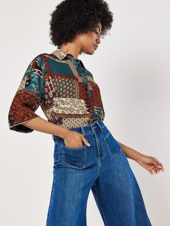 Patchwork Paisley Boxy Shirt, Rust, large