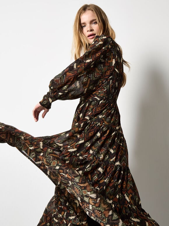 Ikat Chiffon Tiered Maxi Dress, Khaki, large