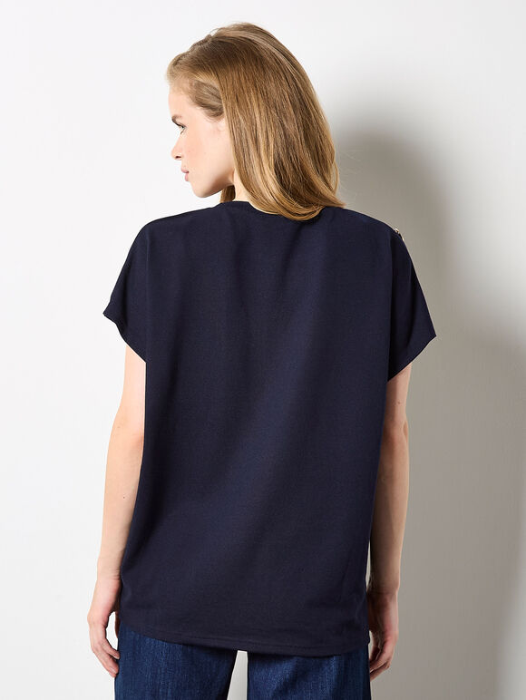 Decorative Button Jersey T-Shirt, Navy, large