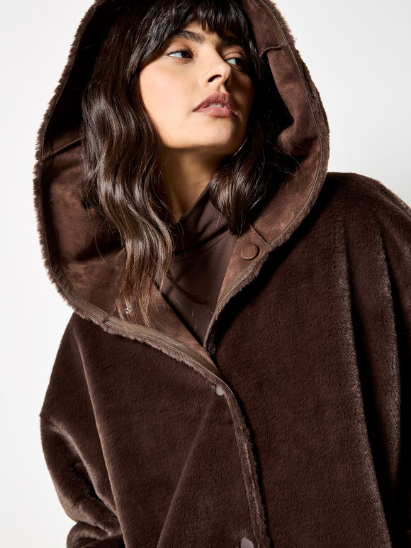 Reversible Faux Fur Suede Jacket, Brown, large