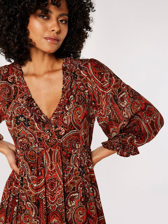 Paisley Ruffle Midaxi Dress Apricot Clothing