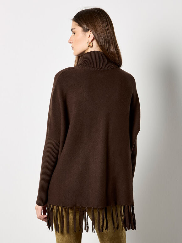 Roll Neck Fringe Poncho Jumper, Brown, large