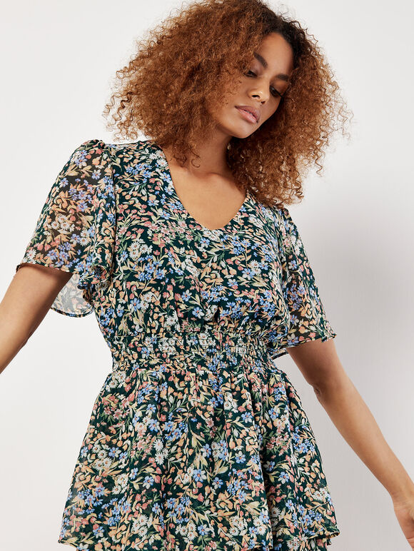 Ditsy Floral Chiffon Mini Dress, Green, large