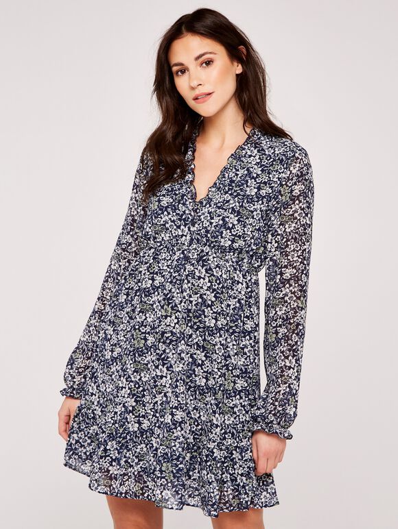 Graphic Daffodil Ruffle Dress, Navy, large