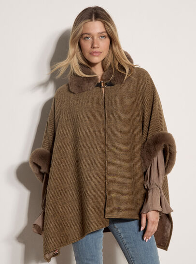 Textured Faux Fur Trim Cape
