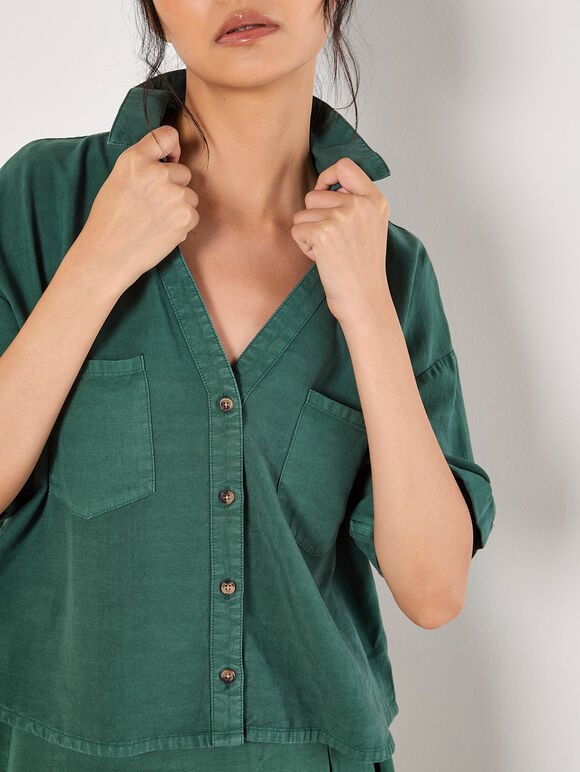 Open Collar Cropped Shirt, Green, large