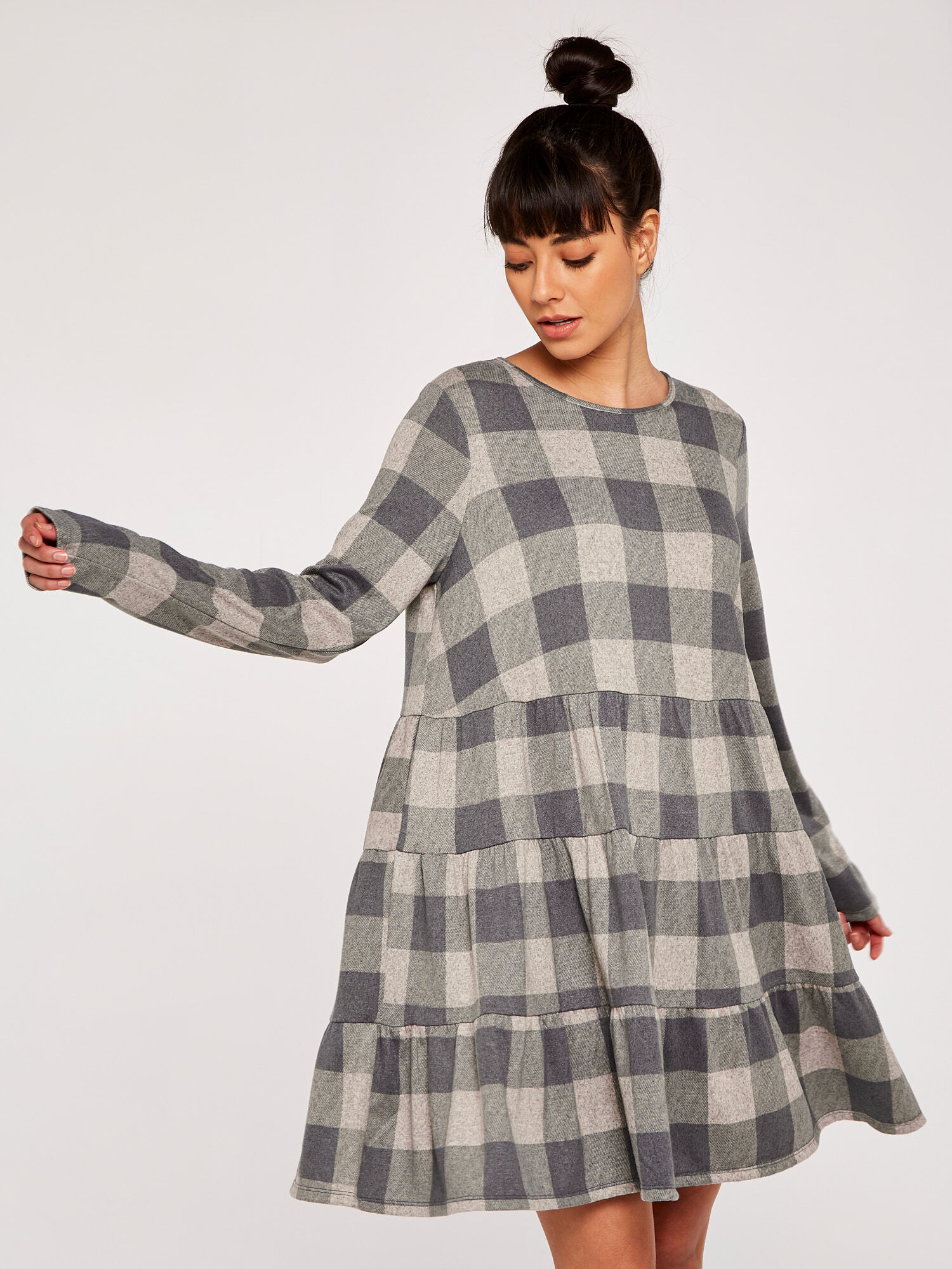Check Print Cozy Tiered Dress Apricot Clothing