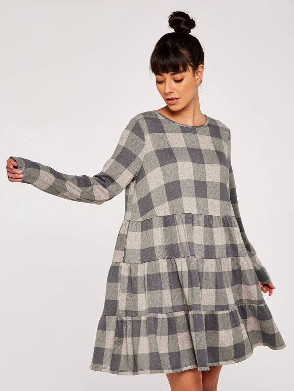 Check Print Cozy Tiered Dress, Grey, large